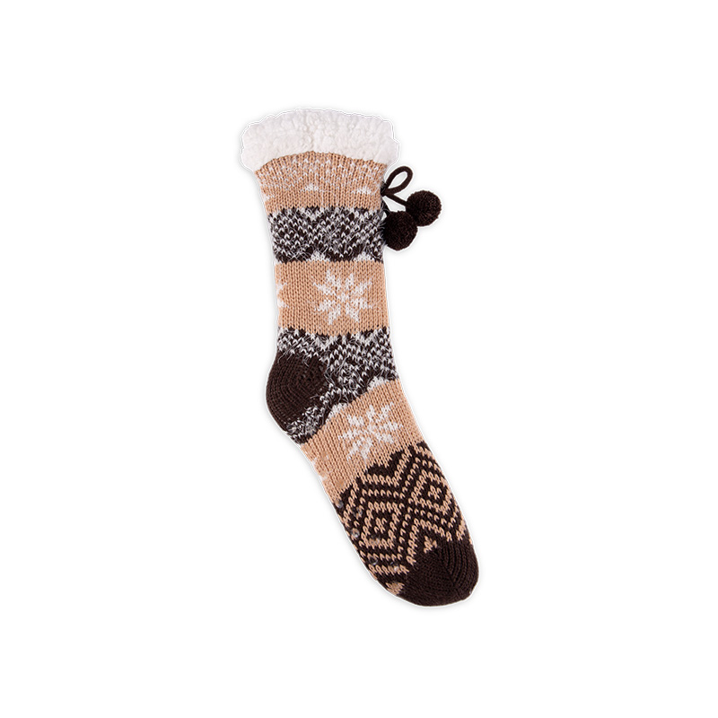 RZ042 Vintage Pom Pom Snowflake Thick Sherpa Fleece Lined Non Slip Women’s Cabin Socks